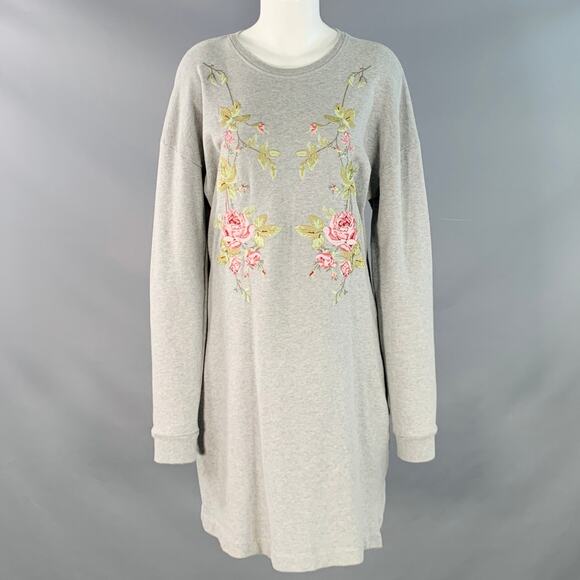 Size S Grey Pink Green Cotton Embroidered Shift Sweatshirt Dress - Picture 1 of 10